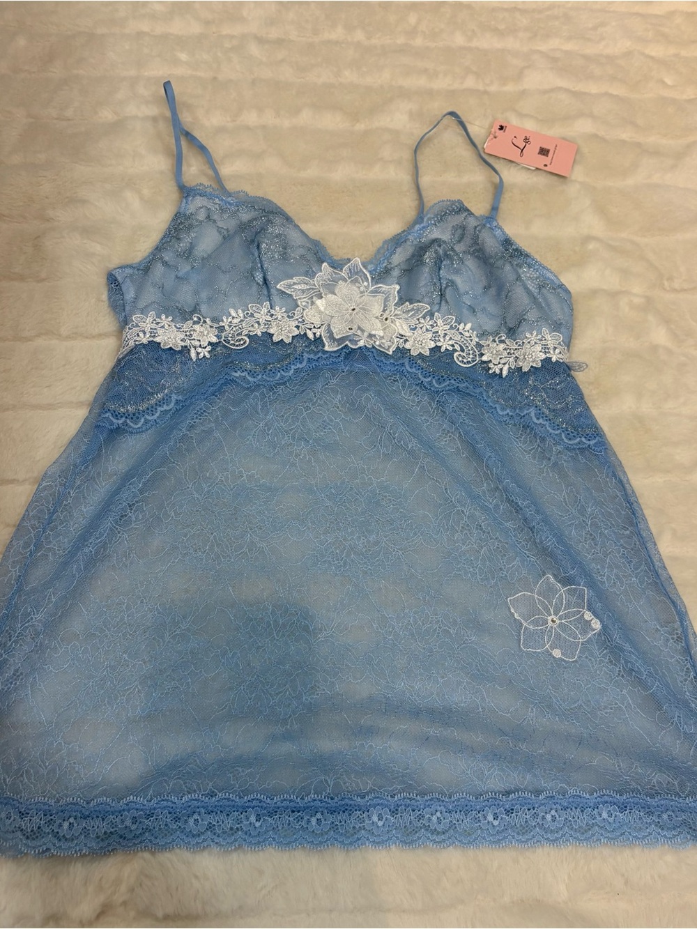 Wacoal Sky Blue Lace Chemise with White Floral Appliqué